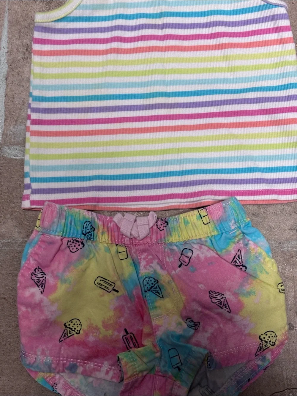 Girls Rainbow Striped Tank Top, Tie-Dye Ice Cream & solid pink Shorts Set
